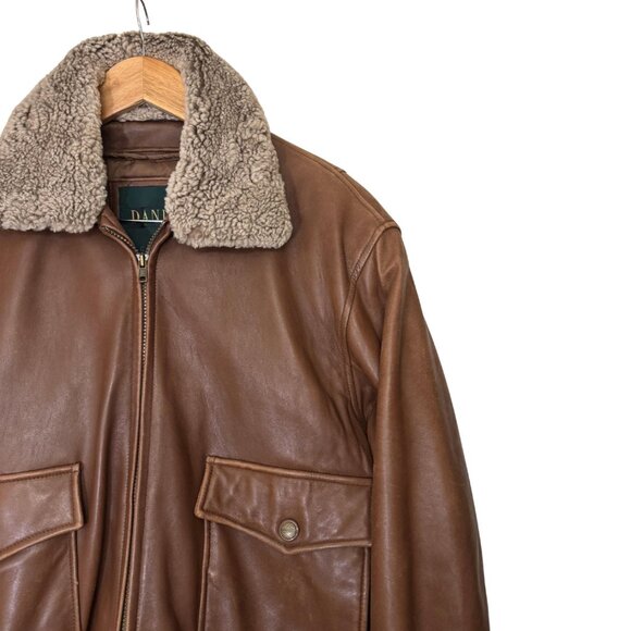 Vintage Danier Leather Bomber Jacket — 90s Brown Aviator Coat, Shearling Collar - Picture 2 of 12